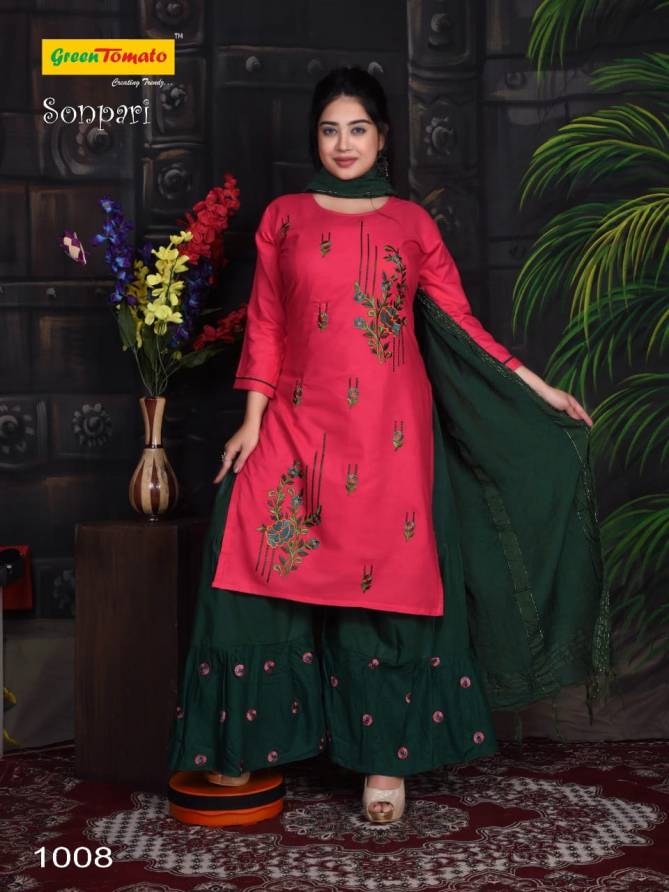 Green Tomato Sonpari Rayon Designer Fancy Ethnic Wear Kurti Sharara And Dupatta Collection
